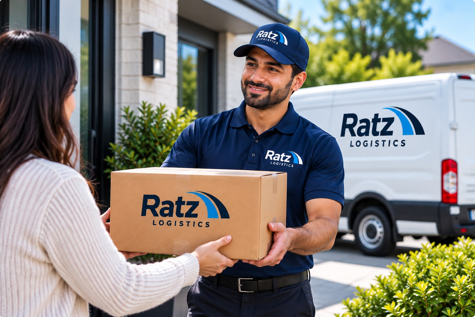 Ratz Logistics driver handing a parcel to a customer at their door