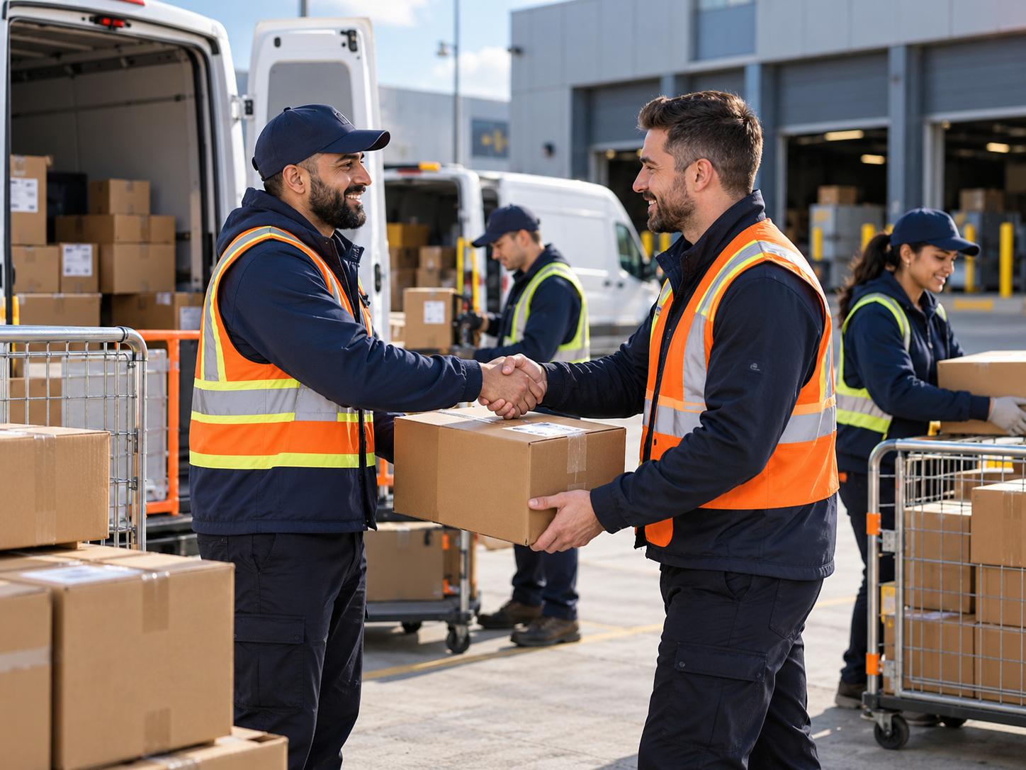 Two logistics partners shaking hands while handing off a parcel at a loading dock