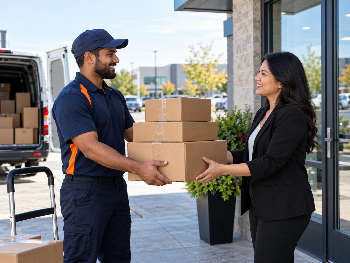Driver handing delivered boxes to a business customer outside an office