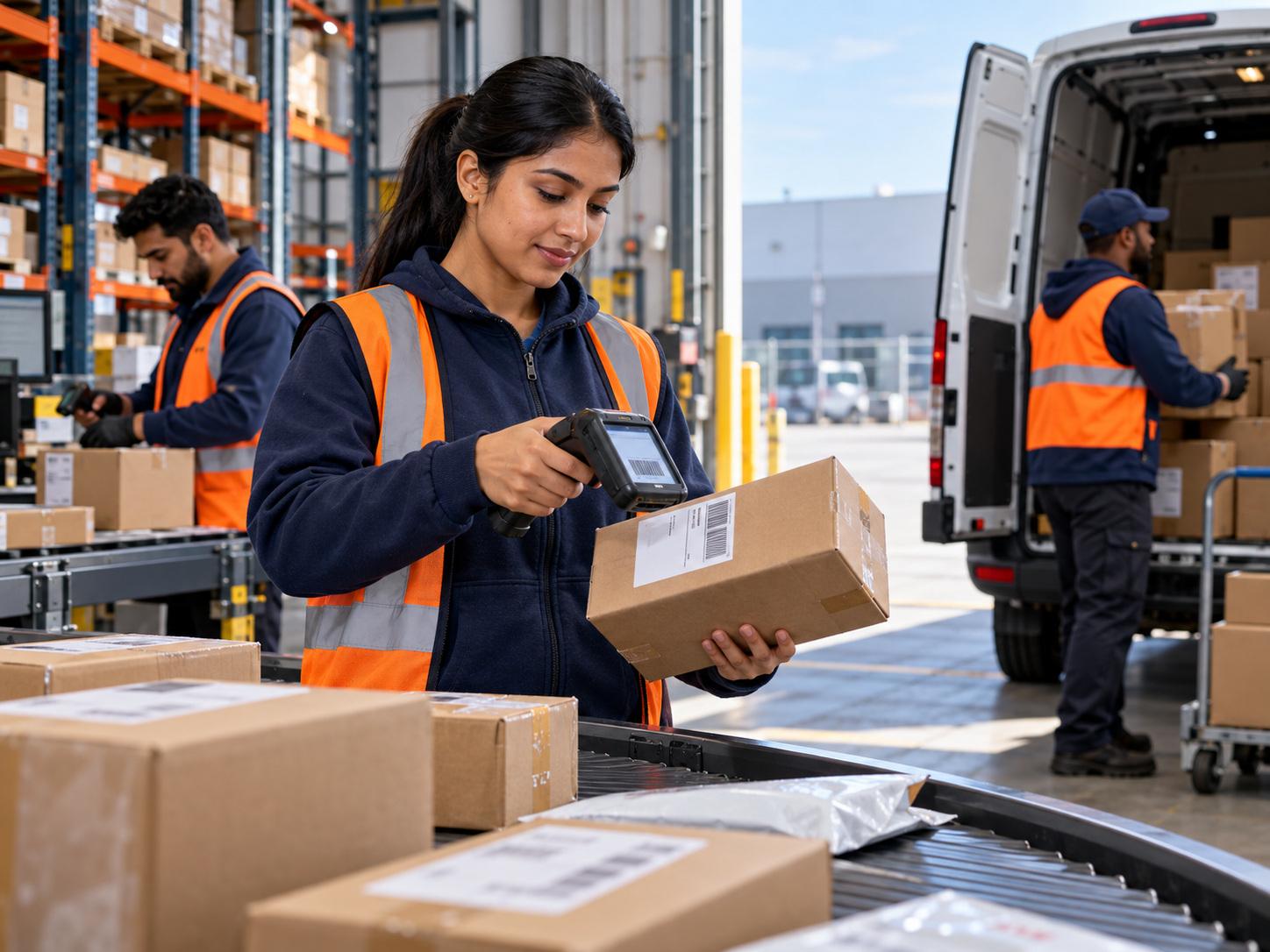 Warehouse associate scanning an e-commerce parcel on a conveyor belt
