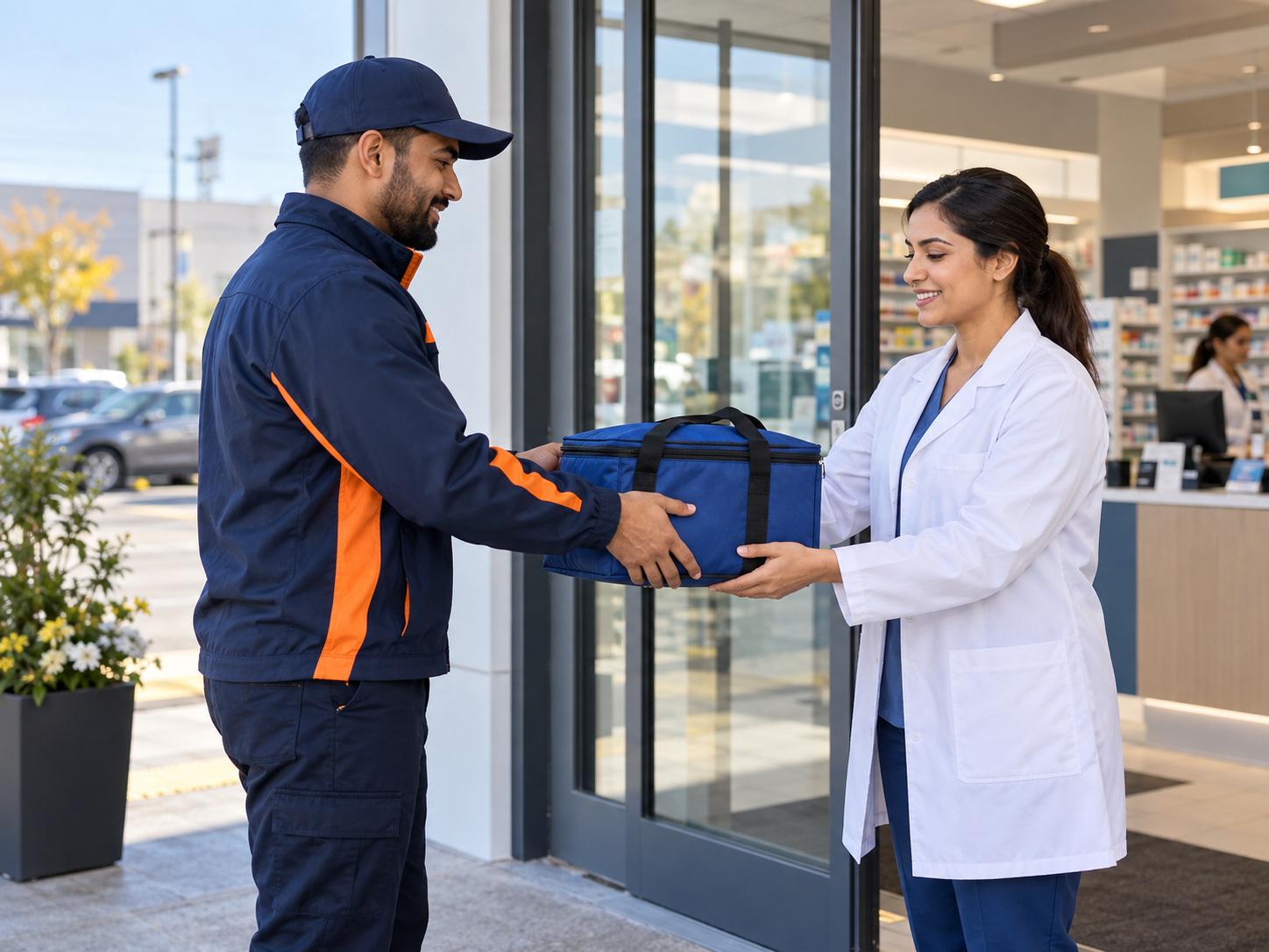 Driver handing a temperature-controlled delivery bag to pharmacy staff