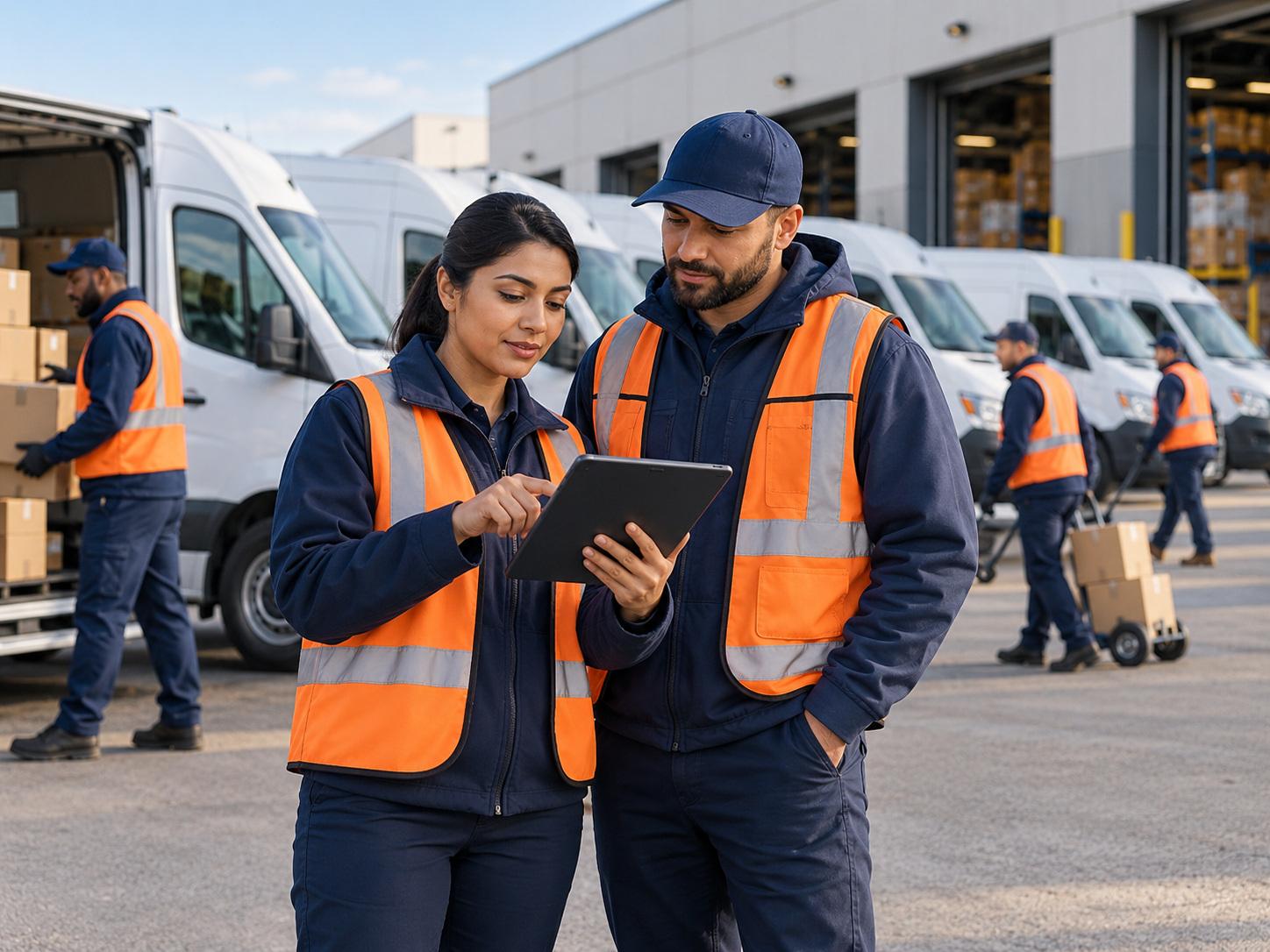Dispatch coordinators reviewing a delivery route on a tablet in front of the fleet