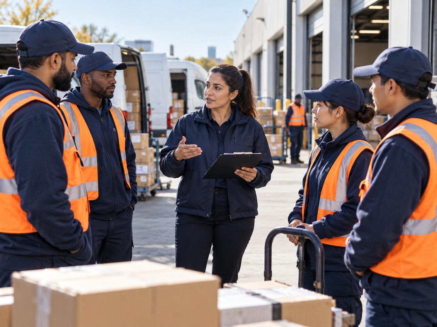 Supervisor briefing a team of delivery drivers before their routes